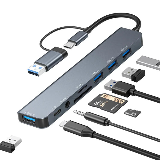 8-in-1 USB-C Hub: USB 3.0, SD/TF, Aux Ports, Aluminum Design